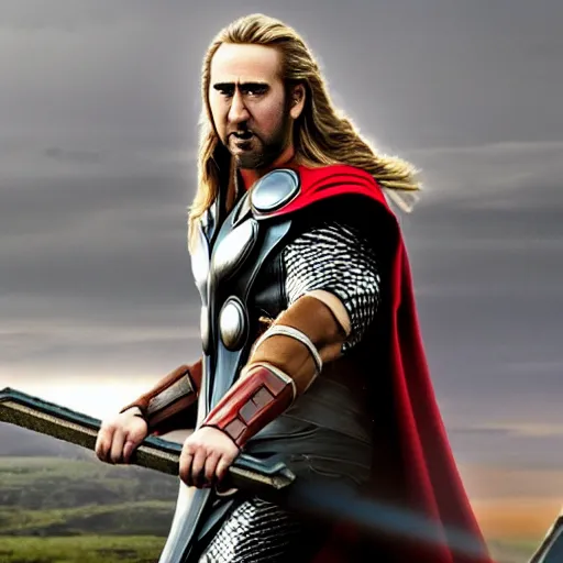 Image similar to film still of Nic Cage as Thor in Thor Love and Thunder