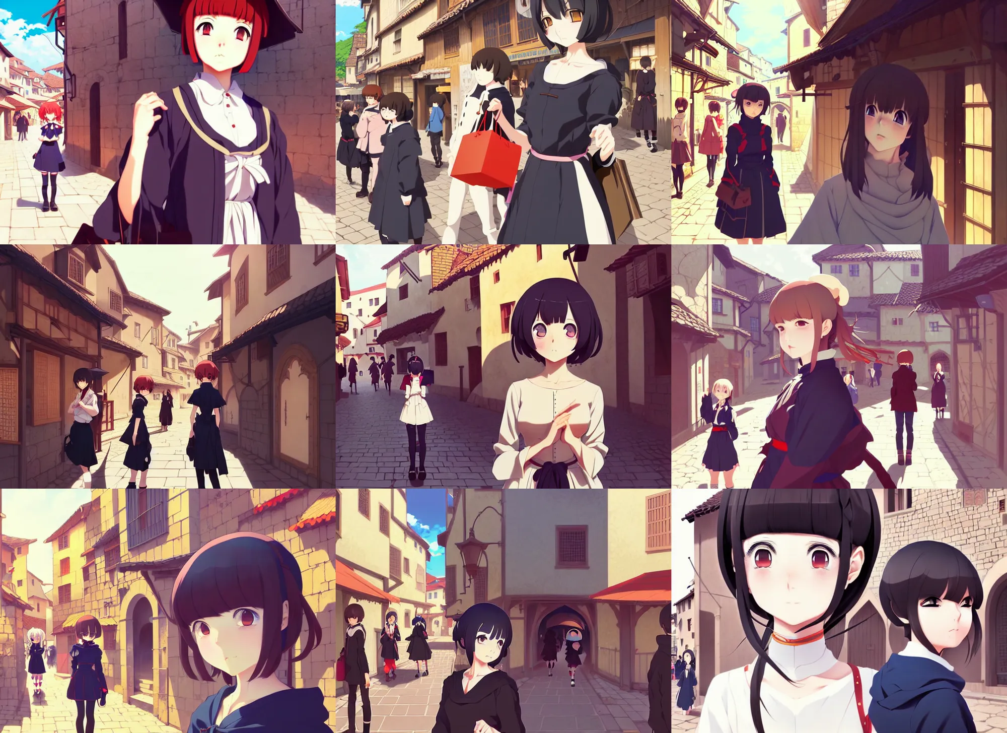 Prompt: anime visual, portrait of a young female traveler in a busy medieval village exterior shopping, cute face by ilya kuvshinov, yoh yoshinari, makoto shinkai, dynamic pose, dynamic perspective, cel shaded!!!, anime cel, flat mucha, rounded eyes, crisp smooth clean lines, strong silhouette