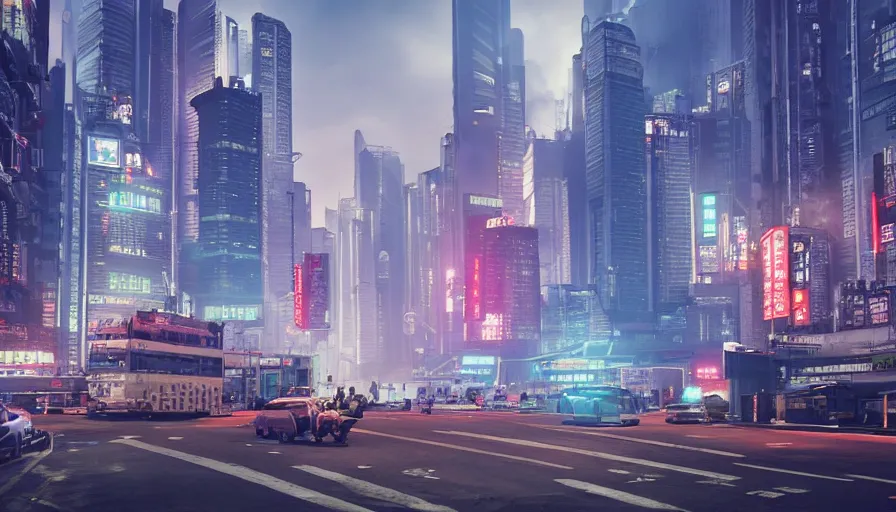 Image similar to Hong Kong in 2077, cyberpunk, steam covering the road,