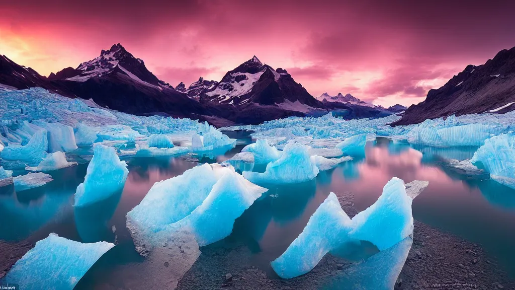 Prompt: amazing landscape photo of a glacier with lake in sunset by marc adamus, beautiful dramatic lighting