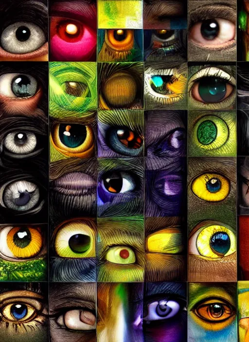 Image similar to grid montage of cube shaped eyes, square shaped black dilated pupils, cube shaped irises, detailed colored textures, eyelashes, advanced art, art styles mix, from wikipedia, wet reflections in square eyes, sunshine light, hd macro photograph, from side, various eyelid positions, square black pupil centered