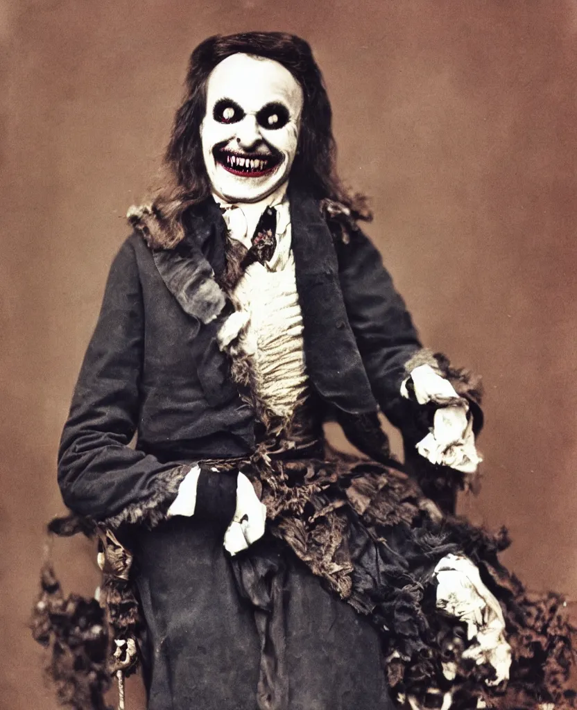 Image similar to restored photograph of gwynplaine the man who laughs wide grin, award winning colorized photo, polychromatic color palette