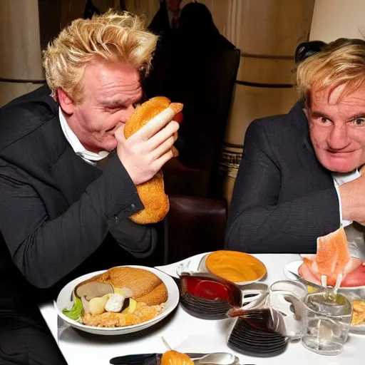 Prompt: Freddie Starr eating a loafer at a table in Claridges fine dining restaurant. Gordon Ramsey watches with a look of childish glee