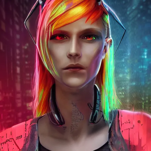 Image similar to cyberpunk Sylvi Listhaug realistic in neon amber exoarmour in a postaopcalyptic cinematic composition