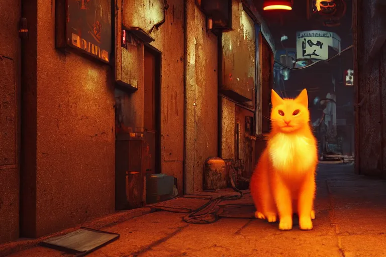 Prompt: ginger cat in the alley, neon lighting, rendered in unreal engine, trending on artstation, cyberpunk, night