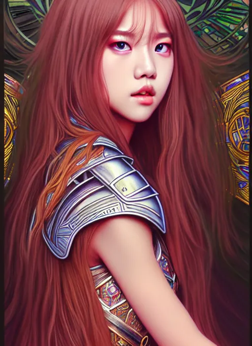 Image similar to lalisa manoban of blackpink, knight armor, tarot card, highly detailed, digital painting, smooth, sharp focus, illustration, ultra realistic, 8 k, art by artgerm and alphonse mucha