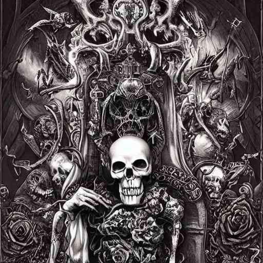 Prompt: ”grim reaper sitting on a throne of skulls, roses and hourglasses, [ultra detailed ink, surreal, intricate and ornate, joe fenton and giger]”