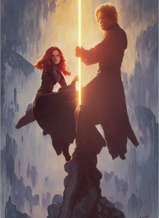 Image similar to mara jade skywalker and luke skywalker ultra detailed, deep focus, intricate painting by greg rutkowski, magali villeneuve and claude monet, trending on artstation