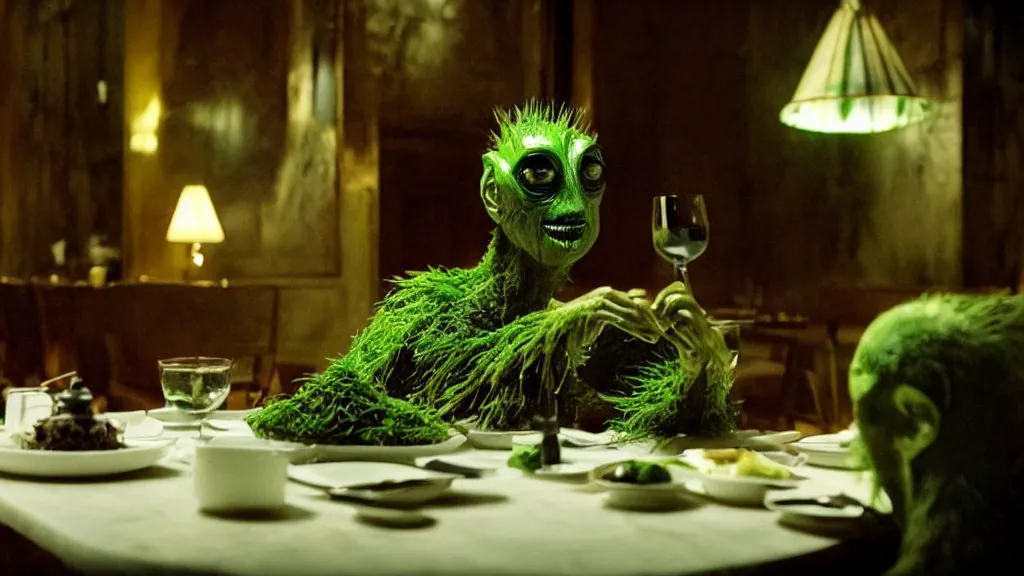 Image similar to the strange creature in the restaurant likes to eat, made of Chlorophyll and oil, film still from the movie directed by Denis Villeneuve with art direction by Salvador Dalí