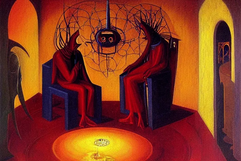 Image similar to a beautiful masterpiece painting of a cybernetic technomancer wizard consulting his AI djinn by Remedios Varo