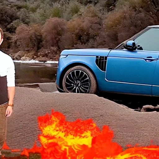 Image similar to dennis reynolds in a fiery rage, standing next to his range rover near a body of water, cinematic style