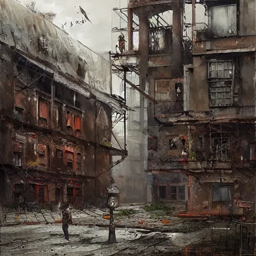 Image similar to painting by jakub rozalski of abandoned post soviet steampunk city