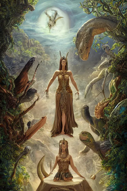 Prompt: A fantasy book style portrait painting of the Great Turtle Island at the center of the Universe, accompanied by a hybrid, Anya_Taylor-Joy, Cory Chase, Eva Green, as a Mystical Valkyrie, Anubis-Reptilian, Atlantean Warrior, François Boucher, Oil Painting, unreal 5, DAZ, hyperrealistic, octane render, Regal, Refined, Detailed Digital Art, RPG portrait, Walt Disney (1937), William-Adolphe Bouguereau, Michael Cheval, Steampunk, Volumetric Golden dappled dynamic lighting, Highly Detailed, Cinematic Lighting, Unreal Engine, HD, 8k, HD