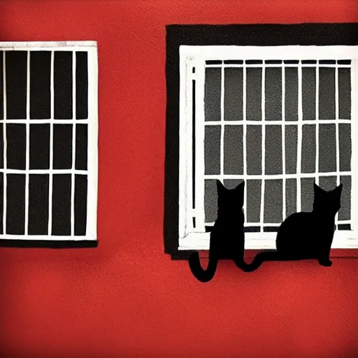 Image similar to two black cats looking through the window, red building and tree in the background, instagram, grainy picture, natural nightning