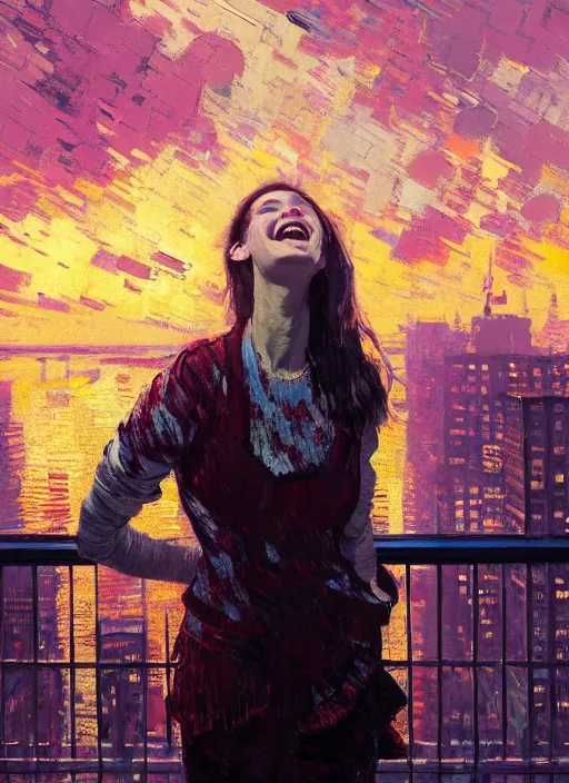 Image similar to portrait of a beautiful girl, new york backdrop, smiling, ecstatic, eyes closed, open mouth, sunset shades, beautiful face, rule of thirds, intricate outfit, spotlight, by greg rutkowski, by jeremy mann, by francoise nielly, by van gogh, digital painting