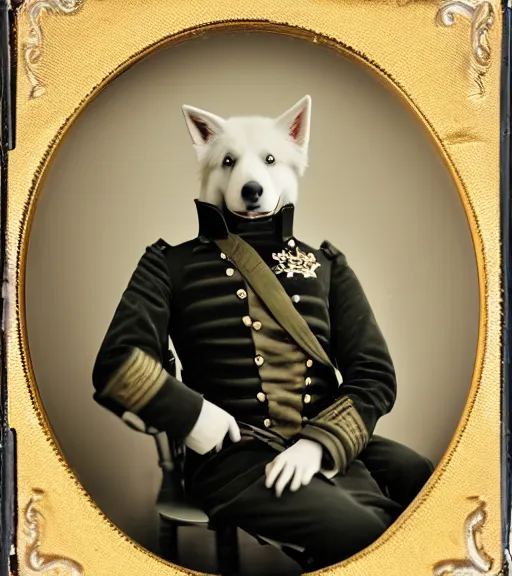 Image similar to professional studio photo portrait of anthro anthropomorphic albino german shepard head animal person fursona serious wearing elaborate military general uniform clothes degraded medium by Louis Daguerre daguerreotype tintype