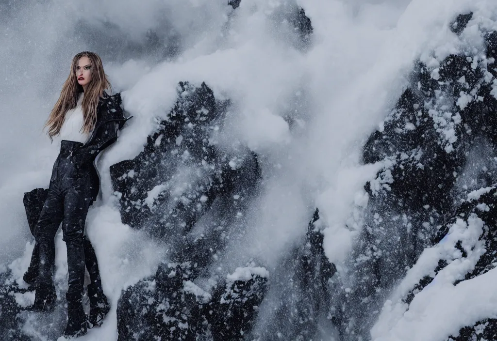 Prompt: fashion editorial in snow avalanche. gigantic snow storm mountain. wide angle shot. highly detailed. depth of field. high definition. 8k. photography.