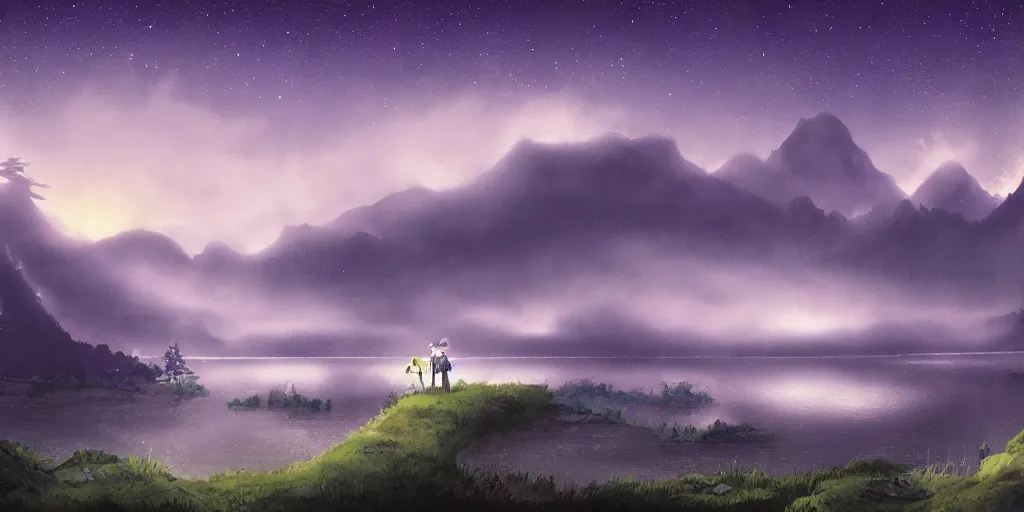 Prompt: a beautiful matte painting of a magic lake by night with fog mountains in the background and the milkyway in the sky by studio ghibli and hayao miyazaki and kazuo oga, manga, trending on artstation