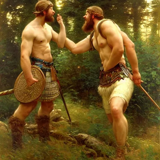 Image similar to 2 attractive male vikings frolicking in the forest. highly detailed painting by gaston bussiere, craig mullins, j. c. leyendecker, 8 k