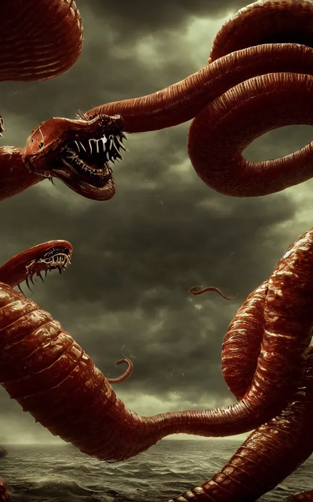 Image similar to pirates fighting giant screaming worm, cinematic atmosphere, maximized, high detail, 8k, ornate, dark fantasy, masterpiece, complex, film still from the movie directed by Denis Villeneuve