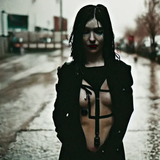 Prompt: Analog portrait of a cyberpunk woman, piercings, alternative clothing, depth of field, bokeh, rain