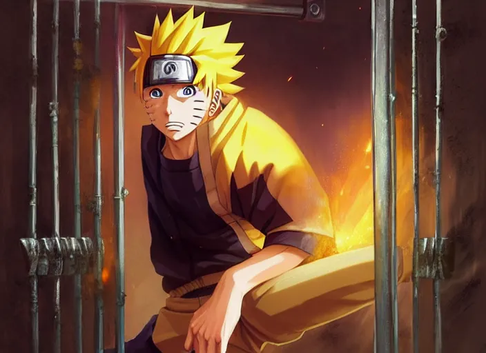 Image similar to highly detailed portrait of naruto uzumaki with black hair punching a wal behind bars in prison, unreal engine, fantasy art by greg rutkowski, loish, rhads, ferdinand knab, makoto shinkai and lois van baarle, ilya kuvshinov, rossdraws, tom bagshaw, global illumination, radiant light, detailed and intricate environment