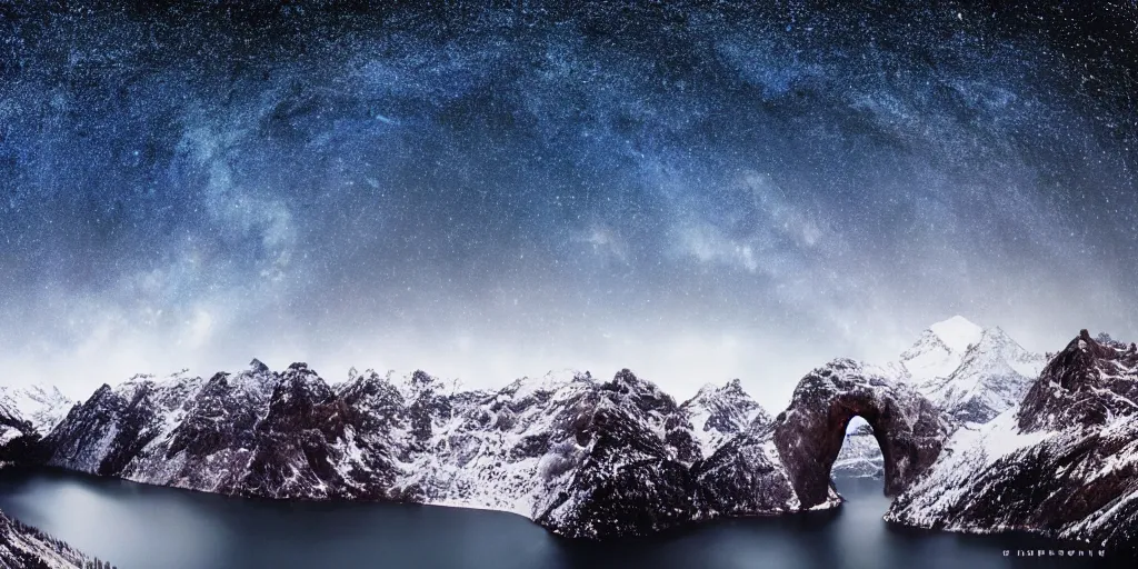 Prompt: Galaxy arch, snowy mountains and lakes, in the style of National Geographic magazine