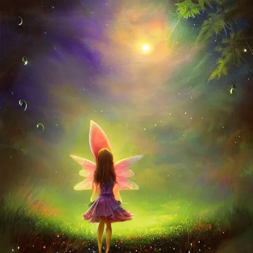 Prompt: attractive, fairy, in the night, fantasy, crescent moon in background, luminous, toadstools, fireflies, fantasy, highly detailed painting, mid shot, 8 k realistic, fantasy, mist, sharp focus