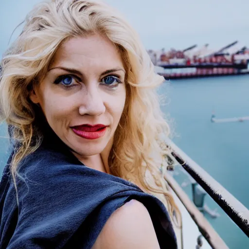 Image similar to a blonde woman leaning over the railing of a ship, a beautiful english woman with a long face narrow nose pale skin blue eyes red lips and wild messy tangles of curly white blonde hair, high resolution film still wearing a black robe and skull necklace and holding a spear, sandy, a journey to the west