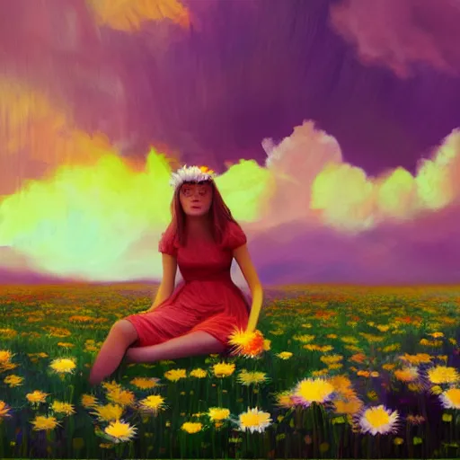 Image similar to giant daisy flower head, girl sitting in a flower field, surreal photography, sunrise, dramatic light, impressionist painting, colorful clouds, digital painting, artstation, simon stalenhag