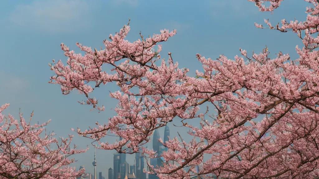 Image similar to Peach blossoms bloom along the Shanghai skyline, The soft pinks and greens of the flowers are offset by the blue of the sky and the gray of the cityscape. HD, Octane render 8K, 200mm, f1.8, wide angle,