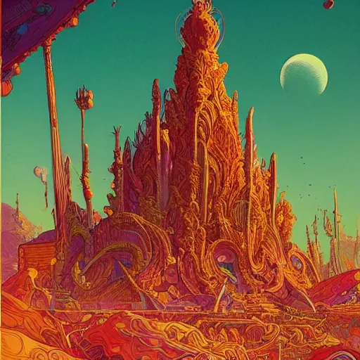 Image similar to highly detailed illustration of a temple on a strange planet, by moebius, by kilian eng, by sam freio, by thomas rome, by victor mosquera, by bruce pennington, juxtapoz, behance, dayglo, prismatic