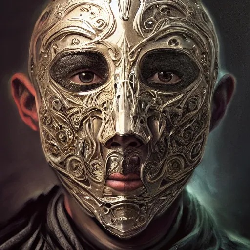 Image similar to Very very very very highly detailed epic central composition photo of face with venetian mask, intricate, dystopian, sci-fi, extremely detailed, digital painting, artstation, concept art, smooth, sharp focus, illustration, intimidating lighting, incredible art by Tokujin Yoshioka and Anton Pieck