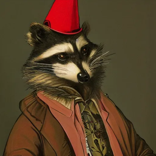 Prompt: a gentleman raccoon wearing a tophap and a kaneda jacket, portrait, painting, detailed, artwork by Hyacinthe Rigaud