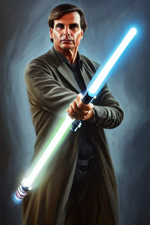 Image similar to breathtaking detailed concept art painting of jair messias bolsonaro holding a lightsaber, by hsiao - ron cheng, exquisite detail, extremely moody lighting, 8 k