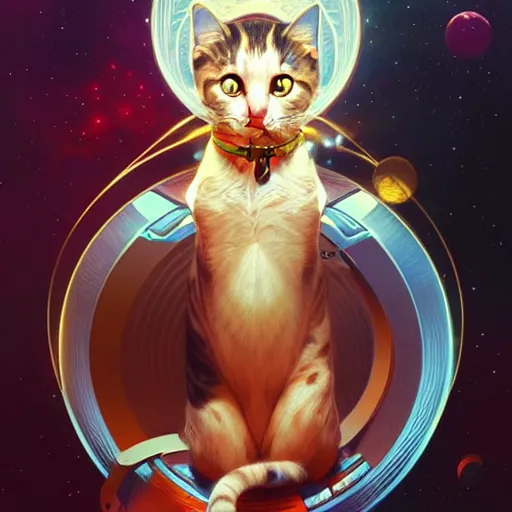 Prompt: Portrait of cat in space, intricate, elegant, highly detailed, digital painting, artstation, concept art, smooth, sharp focus, illustration, art by artgerm and greg rutkowski and alphonse mucha