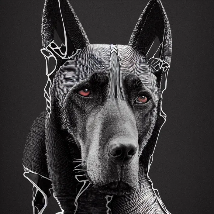 Prompt: portrait of belgian malinois as skeleton. intricate abstract. intricate artwork. by Tooth Wu, wlop, beeple, dan mumford. octane render, trending on artstation, greg rutkowski, very coherent symmetrical artwork. cinematic, hyper realism, high detail, octane render, 8k, iridescent accents, deep blacks