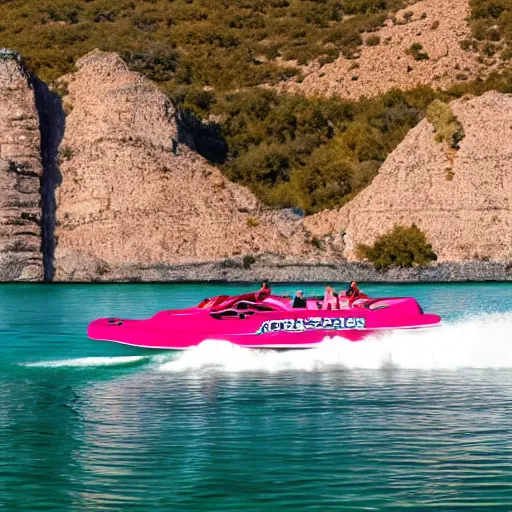 Image similar to a beautiful jet boat on the lake, Greece, in the style of Miami vice, reflective, clear water, cliffs, beach, sunset