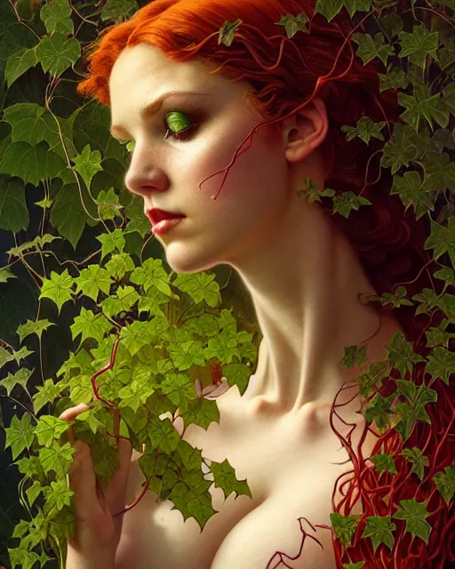 Prompt: closeup portrait the platonic ideal of flowers and vines, poison ivy, beautiful succubus, intricate, hyperrealism, intense, dmt, artgerm, moebius, greg rutkowski, maxfield parrish, dan mumford, moebius, alphonse mucha