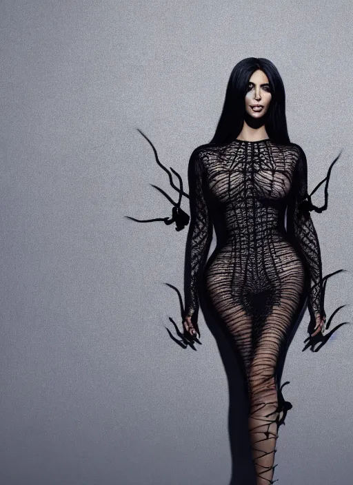 Image similar to film still of kim kardashian, spider webbed full body, haunting, cinematic, full pov, 4k.