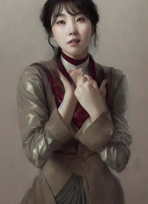 Prompt: portrait of Korean IU in a luxurious hotel from Hotel del Luna, digital painting, concept art, smooth, sharp focus, illustration, from Metal Gear, by Ruan Jia and Mandy Jurgens and William-Adolphe Bouguereau, Artgerm