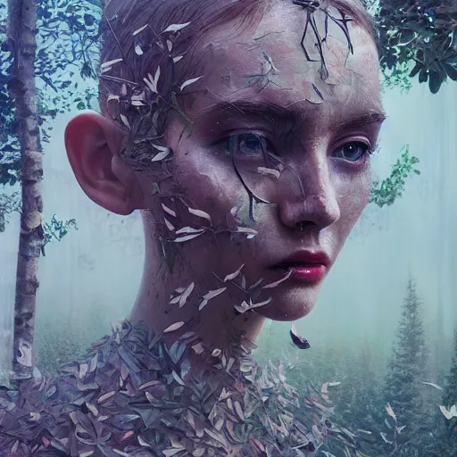 Prompt: 3 d, fashion models look into the frame, moon ryas, forest, intricate oil painting, hyper detail, figurative art, multiple exposure, poster art, 3 d, by tooth wu and wlop and beeple