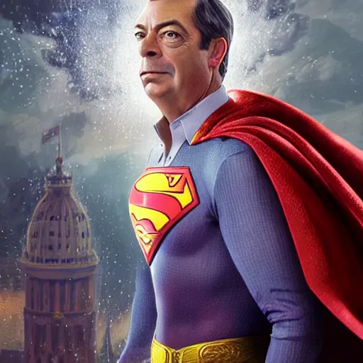 Image similar to Portrait of Nigel Farage as superman, heroic, amazing splashscreen artwork, splash art, head slightly tilted, natural light, elegant, intricate, fantasy, atmospheric lighting, cinematic, matte painting, detailed face, by Greg rutkowski