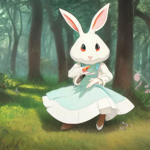 Image similar to concept art painting of an anthropomorphic white rabbit wearing a turquoise dress, in the deep forest, realistic, detailed, cel shaded, in the style of makoto shinkai and greg rutkowski and james gurney