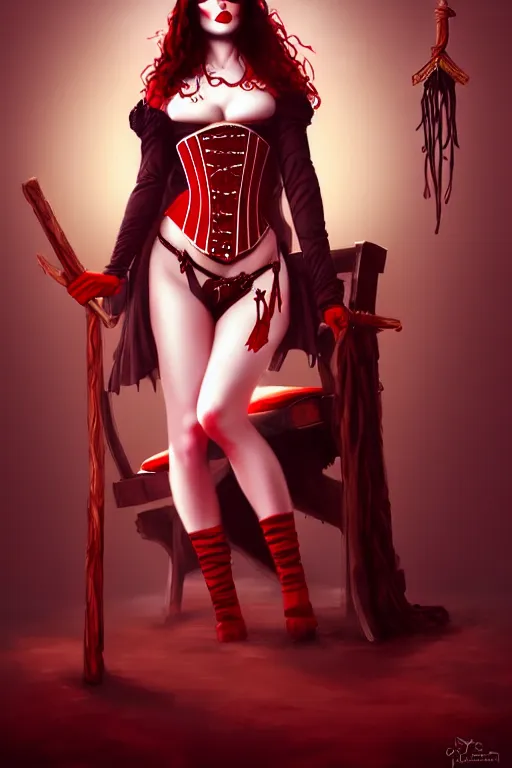 Image similar to beautiful priestess of loviatar, holding a nine stranded whip, blood red lips, wearing corset, dominant pose with leg on a chair, digital art inspired by brom art and artstation