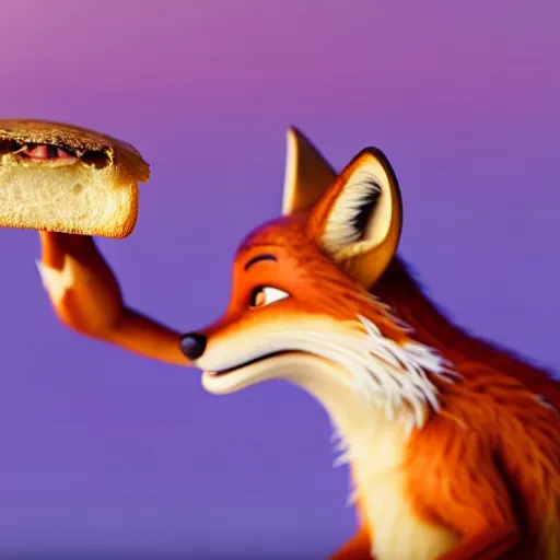 Image similar to weta disney pixar movie still macro close photo of smiling anthropomorphic fox holding on nose a bread with face : : by weta, greg rutkowski, wlop, ilya kuvshinov, rossdraws, artgerm, octane render, iridescent, bright morning, anime, liosh, mucha : :