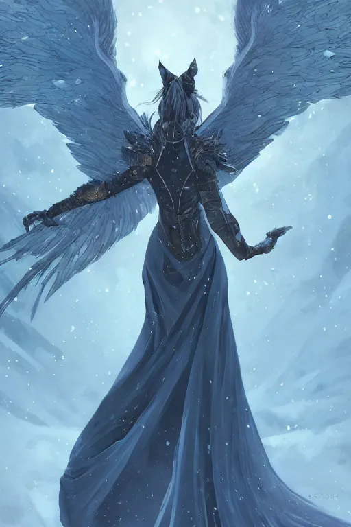 Image similar to azure wolf with wings, standing facing front, regal, elegant, winter, snow, moonlit, hd, illustration, epic, d & d, fantasy, intricate, elegant, highly detailed, digital painting, artstation, concept art, smooth, sharp focus, illustration, wallpaper, art by artgerm and greg rutkowski and alphonse mucha and jin xiaodi