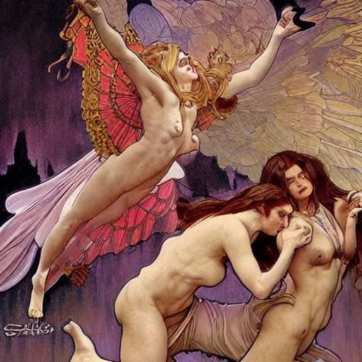 Image similar to angels wrestling with demons, hyper realistic, digital painting. art station. mood lighting, highly detailed, concept art, intricate, sharp focus, by shaun berke and alphonse mucha, milo manara - h 1 2 0 0