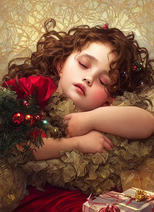 Prompt: seven year old girl with short wavy curly hair, asleep at christmas. surrounded by gifts. high quality detailed face. beautiful painting by artgerm and greg rutkowski and alphonse mucha