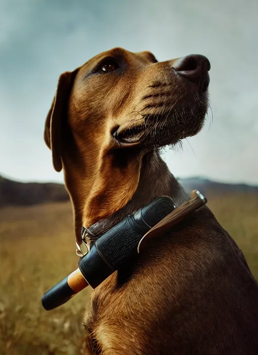 Image similar to closeup portrait of a hunting terrier smoking a cigare, depth of field, zeiss lens, detailed, centered, by Annie Leibovitz and Steve McCurry, David Lazar, Jimmy Nelsson, Breathtaking, 8k resolution, extremely detailed, beautiful, establishing shot, artistic, hyperrealistic, beautiful face, octane render